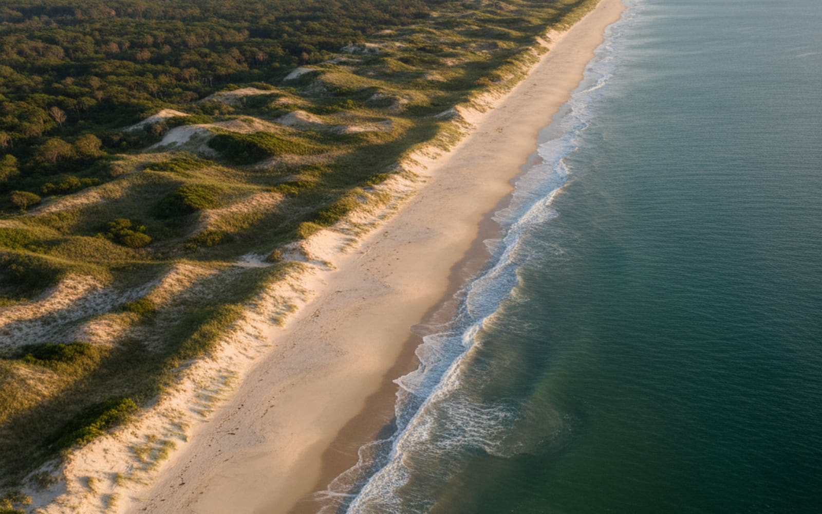 Aerial view of the Florida coastline where green dunes meet a calm teal ocean.