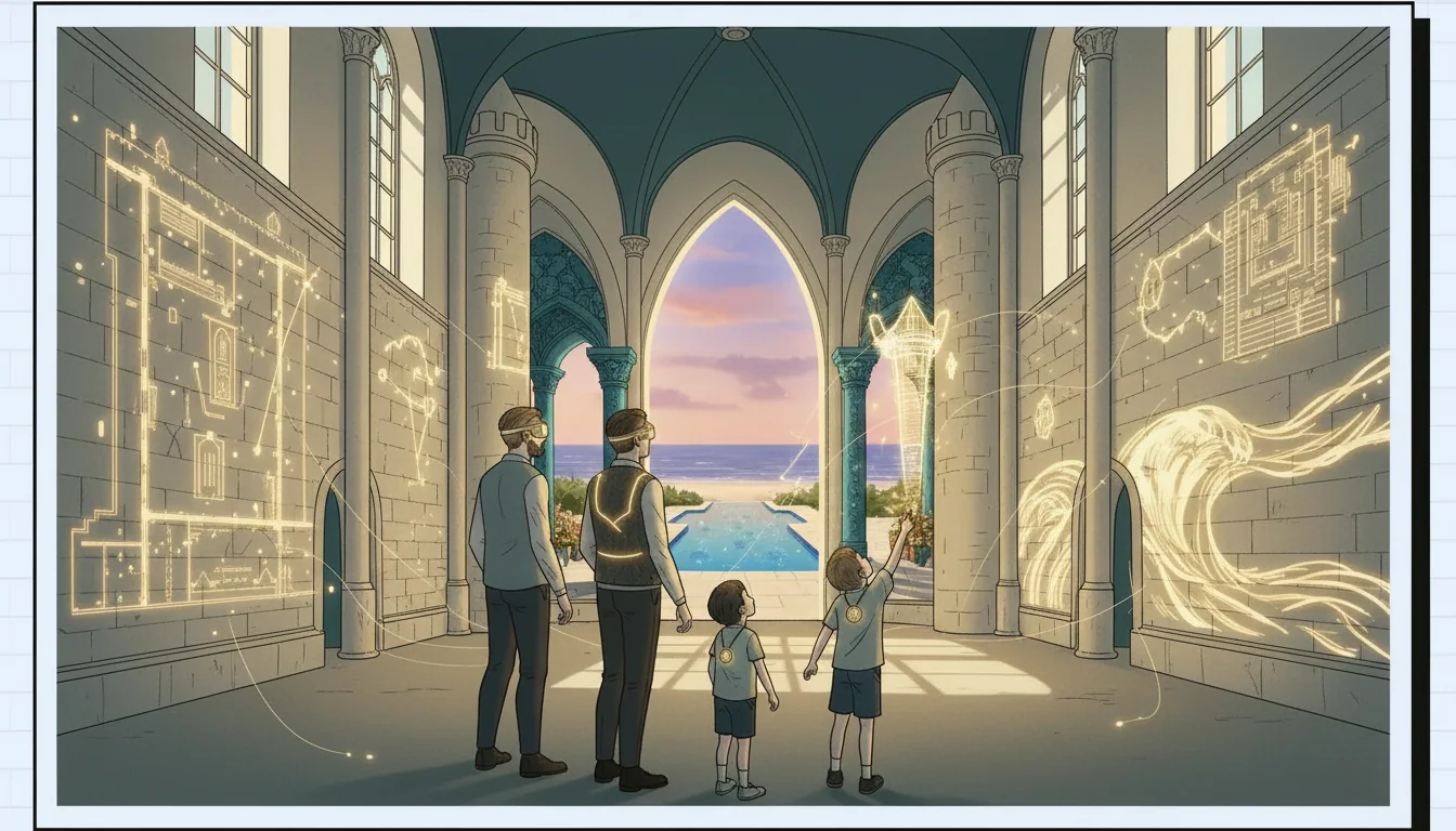 Concept illustration of the Queen’s Gambit cross-reality game: a family in headsets, vests, and HeartBadges in a castle hall that opens onto the pool and ocean, its projection-mapped walls waking with story as a child’s imagined tower rises as a golden sketch.