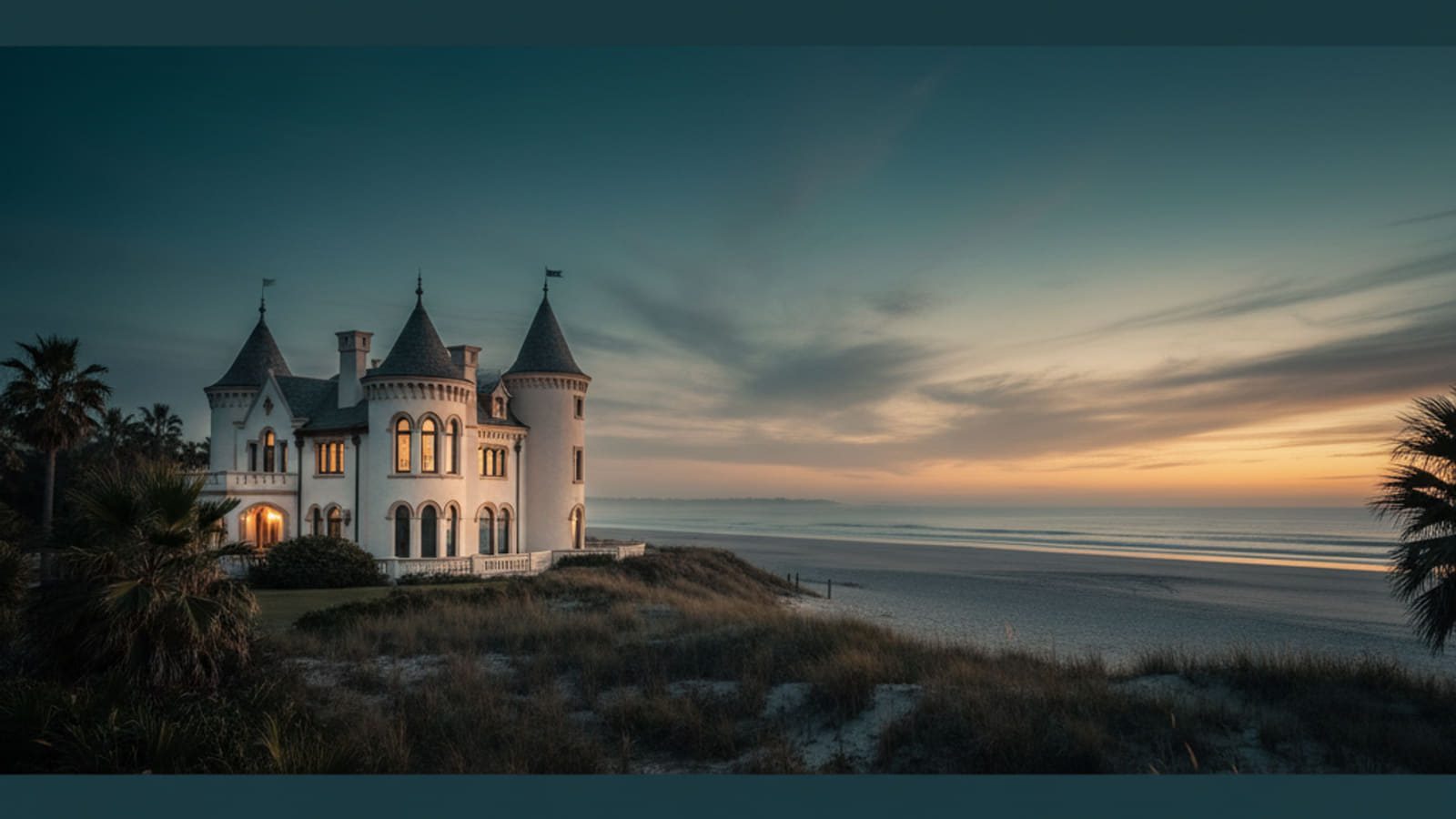 An artistic castle on the Florida coast at dusk, silhouetted against a teal evening sky.